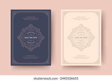Wedding invitation save the date card template flourishes ornaments vignette swirls. Vintage victorian ornate frame and decoration wedding elegant invite title. Vector illustration.