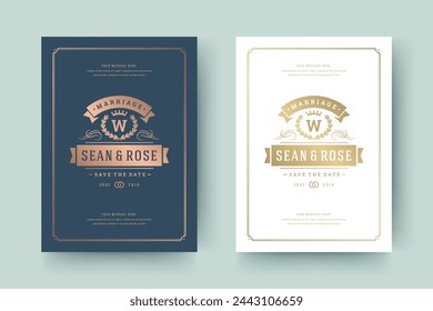 Wedding invitation save the date card golden typographic elegant template vector illustration. Vintage frame and decoration sign and symbols.