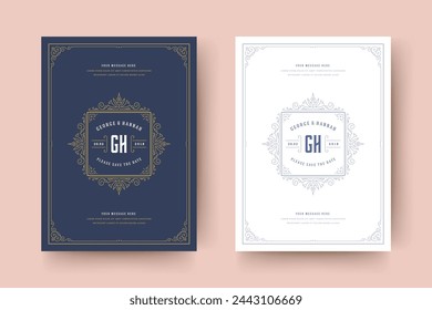 Invitación de boda guardar la plantilla de tarjeta de fecha florituras adornos remolinos de viñeta. Vintage victoriano ornamentado marco y decoración boda elegante invitan título. Ilustración vectorial.