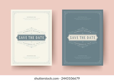 Wedding invitation save the date card template flourishes ornaments vignette swirls. Vintage victorian ornate frame and decoration wedding elegant invite title. Vector illustration.