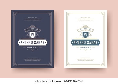 Wedding invitation save the date card template flourishes ornaments vignette swirls. Vintage victorian ornate frame and decoration wedding elegant invite title. Vector illustration.