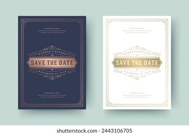 Wedding invitation save the date card template golden flourishes ornaments vignette swirls. Vintage victorian ornate frame and decorations wedding elegant invite title. Vector illustration.