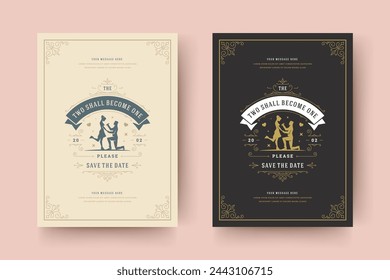 Wedding invitation save the date card template flourishes ornaments vignette swirls. Vintage victorian ornate frame and decoration wedding elegant invite title. Vector illustration.