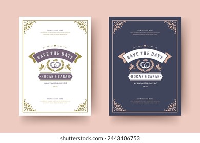 Wedding invitation save the date card typographic elegant template vector illustration. Vintage frame and decoration sign and symbols.