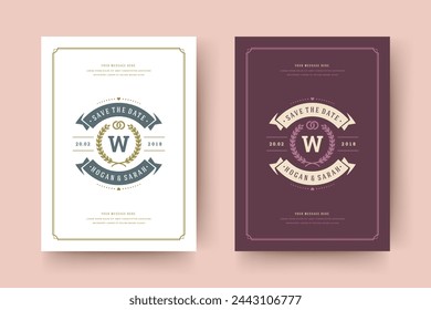 Wedding invitation save the date card typographic elegant template vector illustration. Vintage frame and decoration sign and symbols.