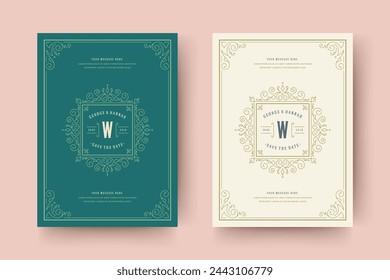 Wedding invitation save the date card template flourishes ornaments vignette swirls. Vintage victorian ornate frame and decoration wedding elegant invite title. Vector illustration.