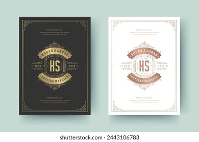 Wedding invitation save the date card template golden flourishes ornaments vignette swirls. Vintage victorian ornate frame and decorations wedding elegant invite title. Vector illustration.