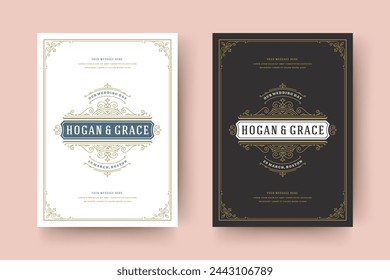 Wedding invitation save the date card template flourishes ornaments vignette swirls. Vintage victorian ornate frame and decoration wedding elegant invite title. Vector illustration.