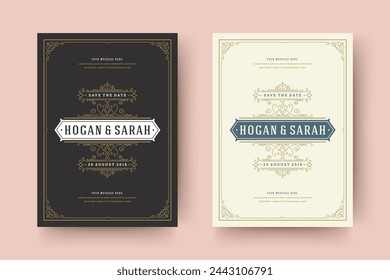 Wedding invitation save the date card template flourishes ornaments vignette swirls. Vintage victorian ornate frame and decoration wedding elegant invite title. Vector illustration.