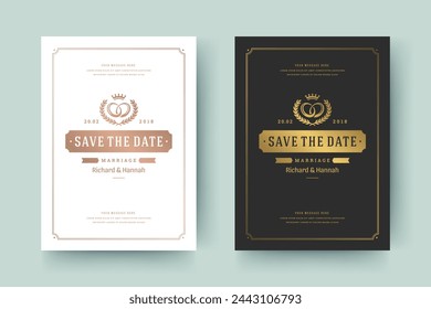 Wedding invitation save the date card golden typographic elegant template vector illustration. Vintage frame and decoration sign and symbols.