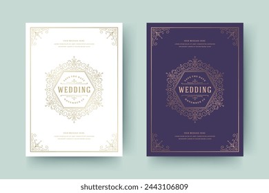 Wedding invitation save the date card template golden flourishes ornaments vignette swirls. Vintage victorian ornate frame and decorations wedding elegant invite title. Vector illustration.