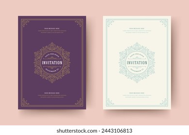 Wedding invitation save the date card template flourishes ornaments vignette swirls. Vintage victorian ornate frame and decoration wedding elegant invite title. Vector illustration.