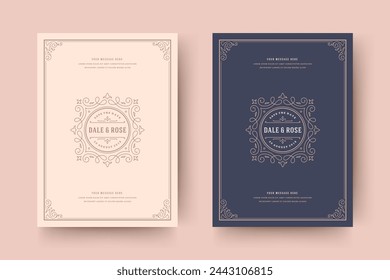 Wedding invitation save the date card template flourishes ornaments vignette swirls. Vintage victorian ornate frame and decoration wedding elegant invite title. Vector illustration.