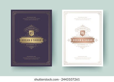 Wedding invitation save the date card template golden flourishes ornaments vignette swirls. Vintage victorian ornate frame and decorations wedding elegant invite title. Vector illustration.