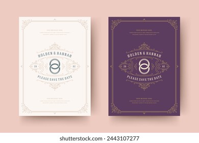 Invitación de boda guardar la plantilla de tarjeta de fecha florituras adornos remolinos de viñeta. Vintage victoriano ornamentado marco y decoración boda elegante invitan título. Ilustración vectorial.