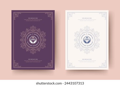 Wedding invitation save the date card template flourishes ornaments vignette swirls. Vintage victorian ornate frame and decoration wedding elegant invite title. Vector illustration.