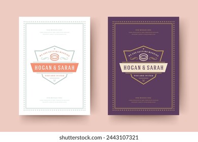 Wedding invitation save the date card typographic elegant template vector illustration. Vintage frame and decoration sign and symbols.