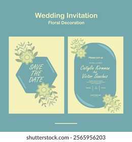 Wedding Invitation, save the date, card template. Clean Wedding invitation with floral decoration design in green and yellow