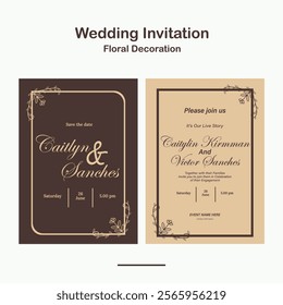 Wedding Invitation, save the date, card template. Clean Wedding invitation with floral decoration design in simple brown