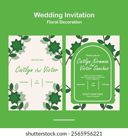 Wedding Invitation, save the date, card template. Clean Wedding invitation with floral decoration design in white and green
