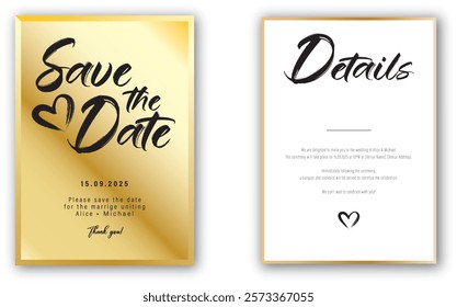 Wedding Invitation Save the Date Card A5 Vector Template Gold and Elegant with Handdrawn Text