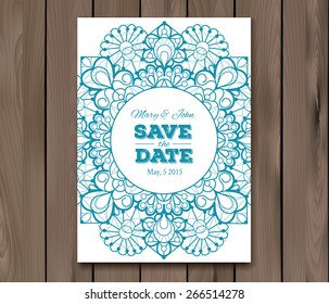 Wedding invitation. Save the date card template on a wooden background. Vintage lace design. EPS 10 vector. Free fonts used: Nexa Rust, Alex Brush, Crimson