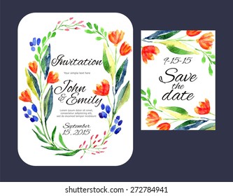 Wedding invitation and Save the date card with watercolor floral frame. Vector illustration