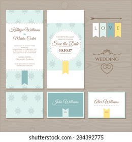 Wedding invitation, save the date card, place card. Wedding set on a wooden background. Vector romantic card template.