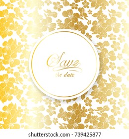 Wedding invitation, save the date card, baby shower, menu, flyer, banner template floral background. Elegant luxury golden cherry flower wallpaper with round frame