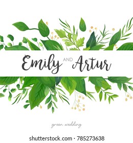 Wedding Invitation, save the date card floral Design with green watercolor fern leaves, forest foliage greenery decorative frame print. Vector elegant cute watercolor rustic greeting, invite, postcard