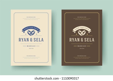 Wedding invitation save the date cards vintage typographic template design. Vector illustration patterns backgrounds.