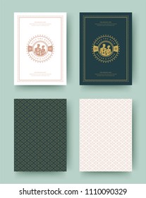 Wedding invitation save the date cards vintage typographic template design. Vector illustration patterns backgrounds.