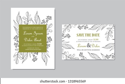 Wedding Invitation and Save the Date cards with floral hand drawn elemnts. Vector illustration