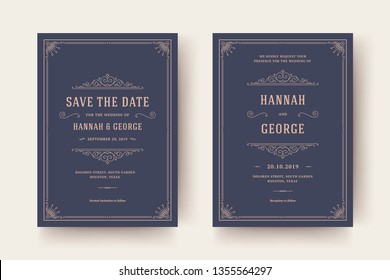 Invitación de Boda Guardar y las tarjetas de fecha florecen adornos. Antiguas marcos victorianos y decoraciones. Vector elegante Plantilla.