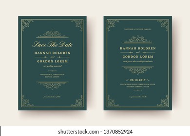 Wedding invitation and save the date cards flourishes ornaments. Vintage victorian frames and decorations. Vector elegant template.