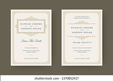 Wedding invitation and save the date cards flourishes ornaments. Vintage victorian frames and decorations. Vector elegant template.