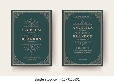 Wedding invitation and save the date cards flourishes ornaments. Vintage victorian frames and decorations. Vector elegant template.