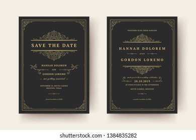 Wedding invitation and save the date cards flourishes ornaments vignette swirls. Vintage victorian frames and decorations. Vector elegant template.