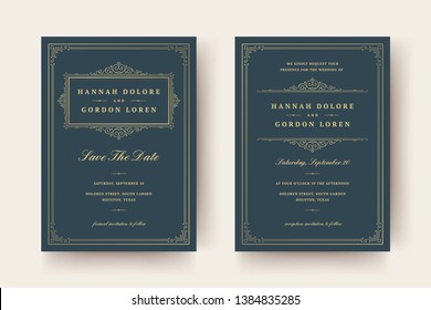 Wedding invitation and save the date cards flourishes ornaments vignette swirls. Vintage victorian frames and decorations. Vector elegant template.