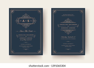 Wedding invitation and save the date cards flourishes ornaments vignette swirls. Vintage victorian frames and decorations. Vector elegant template.