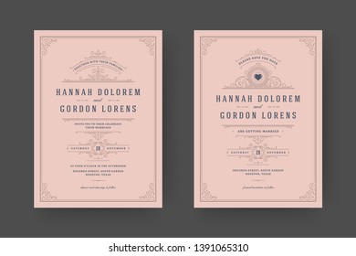 Wedding invitation and save the date cards flourishes ornaments vignette swirls. Vintage victorian frames and decorations. Vector elegant template.