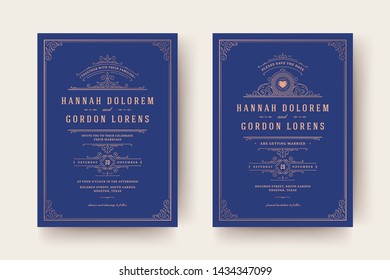 Wedding invitation and save the date cards flourishes ornaments vignette swirls. Vintage victorian frames and decorations. Vector elegant template.