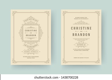 Wedding invitation and save the date cards flourishes ornaments vignette swirls. Vintage victorian frames and decorations. Vector elegant template.