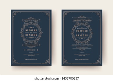 Wedding invitation and save the date cards flourishes ornaments vignette swirls. Vintage victorian frames and decorations. Vector elegant template.