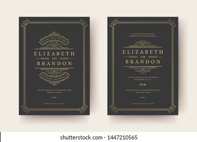 Wedding invitation and save the date cards flourishes ornaments vignette swirls. Vintage victorian frames and decorations. Vector elegant template.