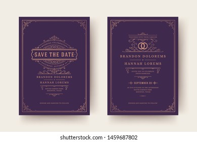 Wedding invitation and save the date cards flourishes ornaments vignette swirls. Vintage victorian ornate frames and decorations. Vector elegant template.