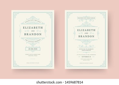 Wedding invitation and save the date cards flourishes ornaments vignette swirls. Vintage victorian ornate frames and decorations. Vector elegant template.