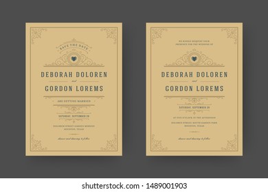 Wedding invitation and save the date cards flourish ornaments vignette swirls. Vintage victorian frames and decorations. Vector elegant template.