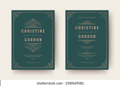 Wedding invitation and save the date cards flourishes ornaments vignette swirls. Vintage victorian frames and decorations. Vector elegant template.