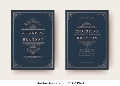 Invitación de boda y guardar las tarjetas de fecha florecen ornamentos giros de viñetas. Marcos y decoraciones victorianos de época. Plantilla elegante vectorial.